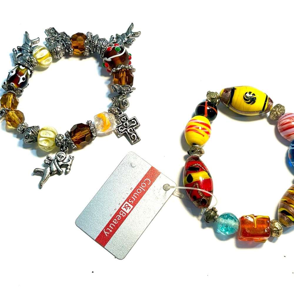 Colorful Beaded Bracelets with Charms Italy Fits Wrist 8-9”